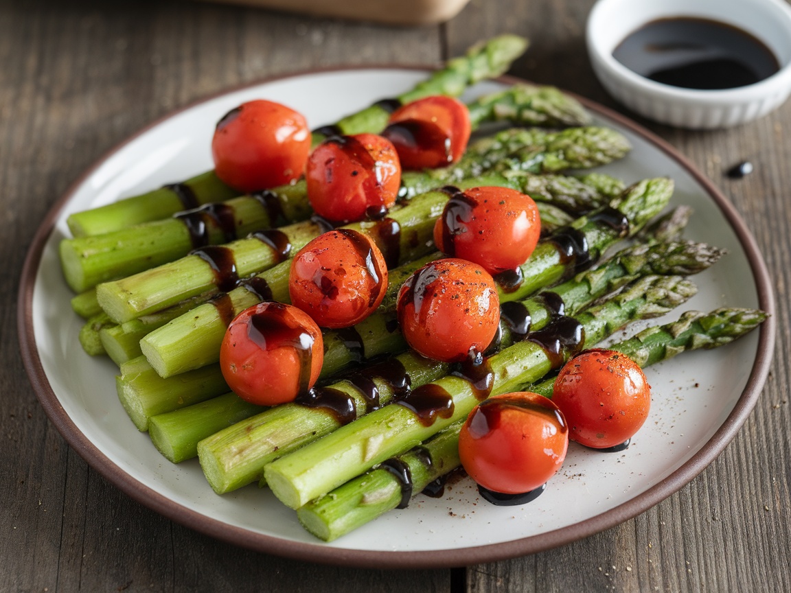 Air-fried asparagus and cherry tomatoes with balsamic glaze on a rustic table.